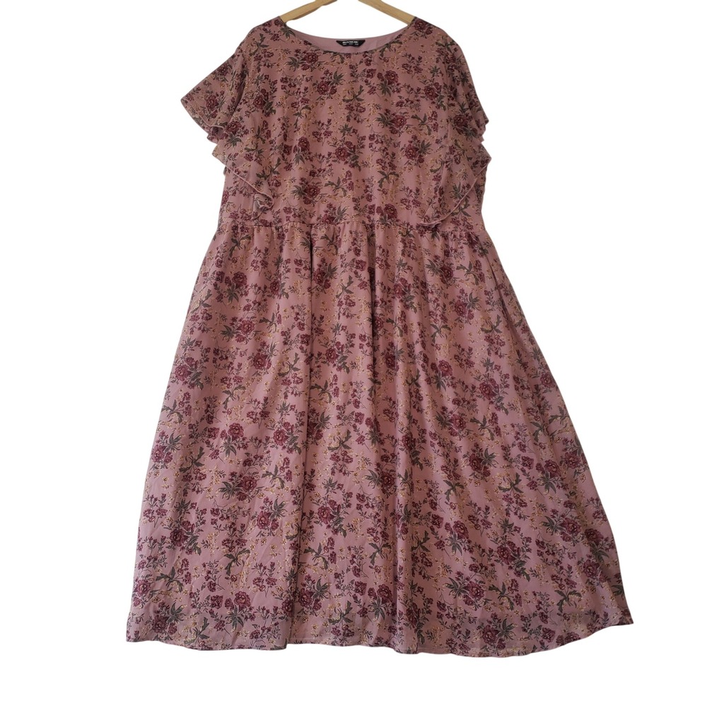 Bloomchic Floral Midi Dress Womens 26 Mauve Pink Chiffon Ruffle Sleeve Boho